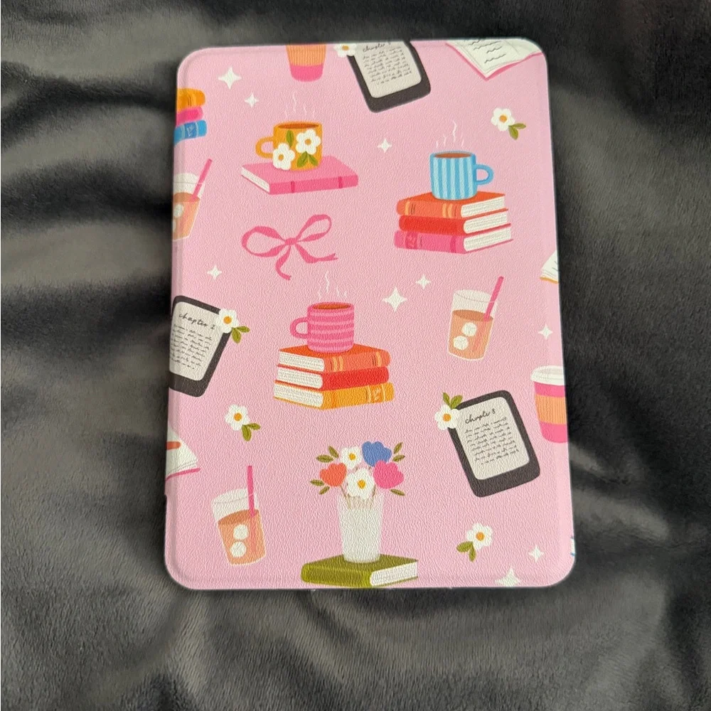 Charming Pink Tablet Cover with Book and Coffee Design
